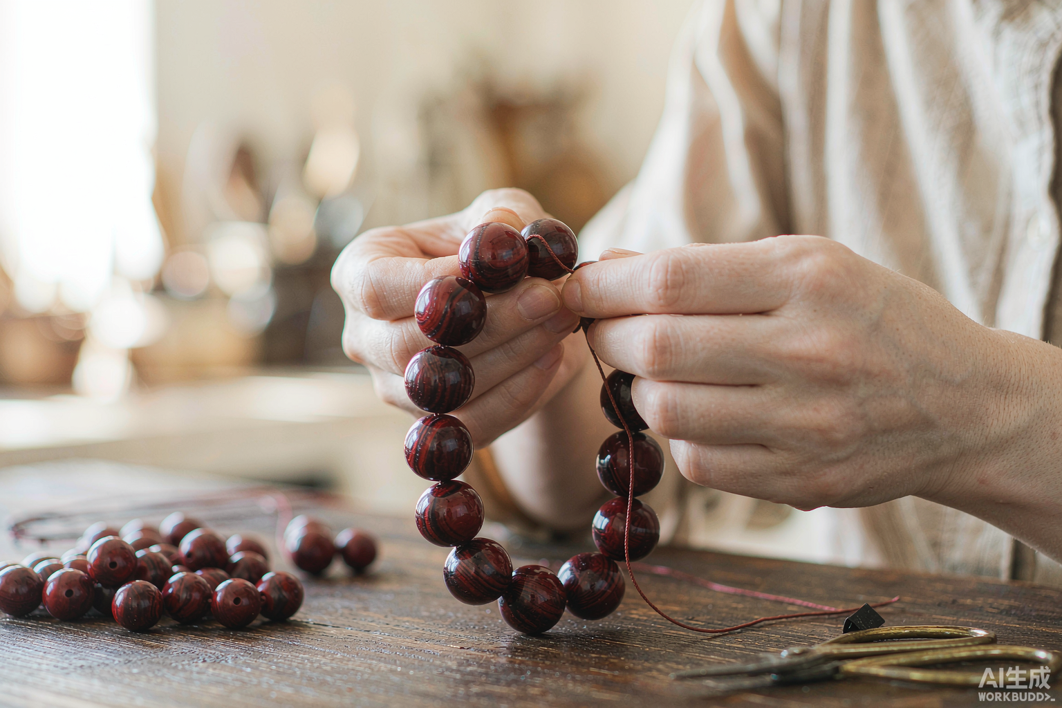 Hands stringing a cinnabar bead bracelet at a wooden workbench